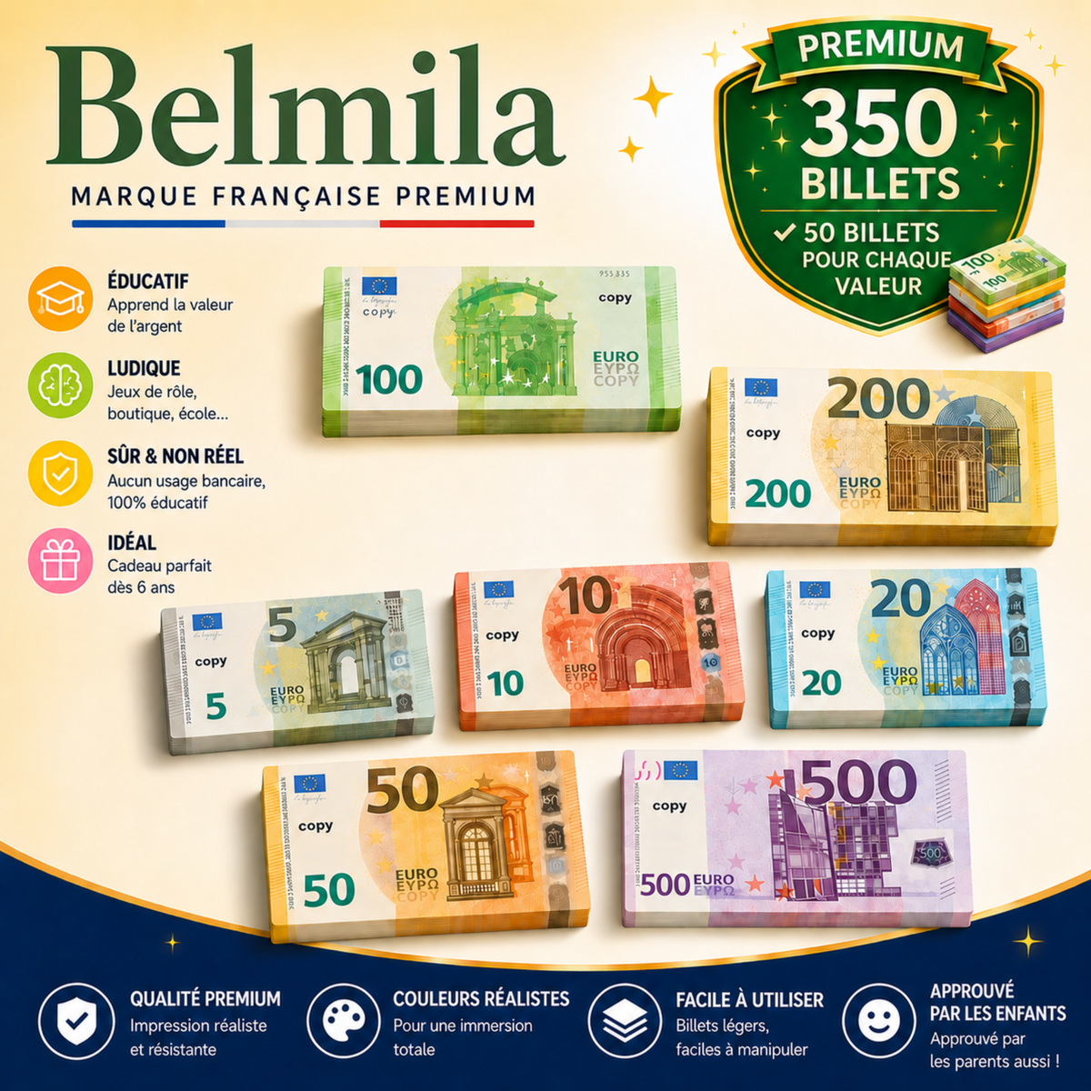 350 Billets Factices en Euros – Jeu, Apprentissage & Mise en Scène